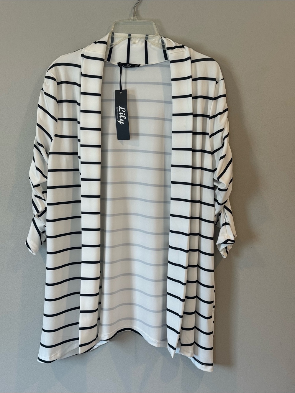 Lily by Firmiana Cardigan Jacket Open Front Black White Sz L Scrunch Sleeve